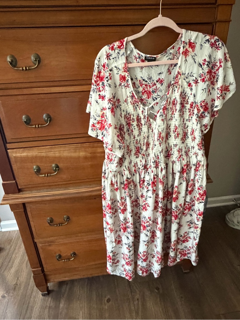 Torrid Cream Floral Midi Dress with Red Blossoms